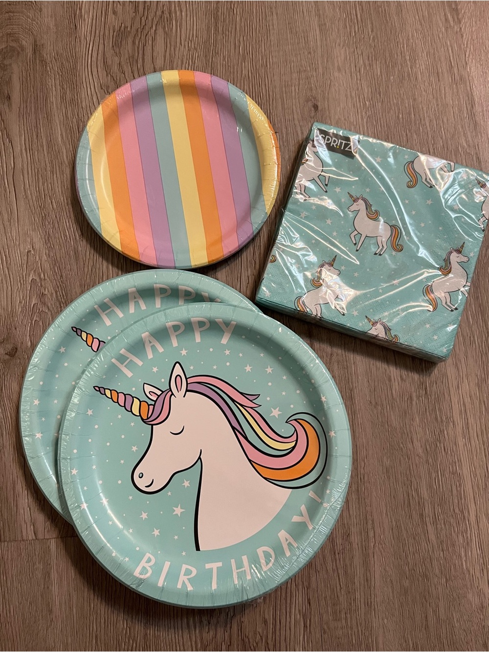 Spritz Mint Unicorn Paper Plates & Napkins with Pastel Rainbow Accents